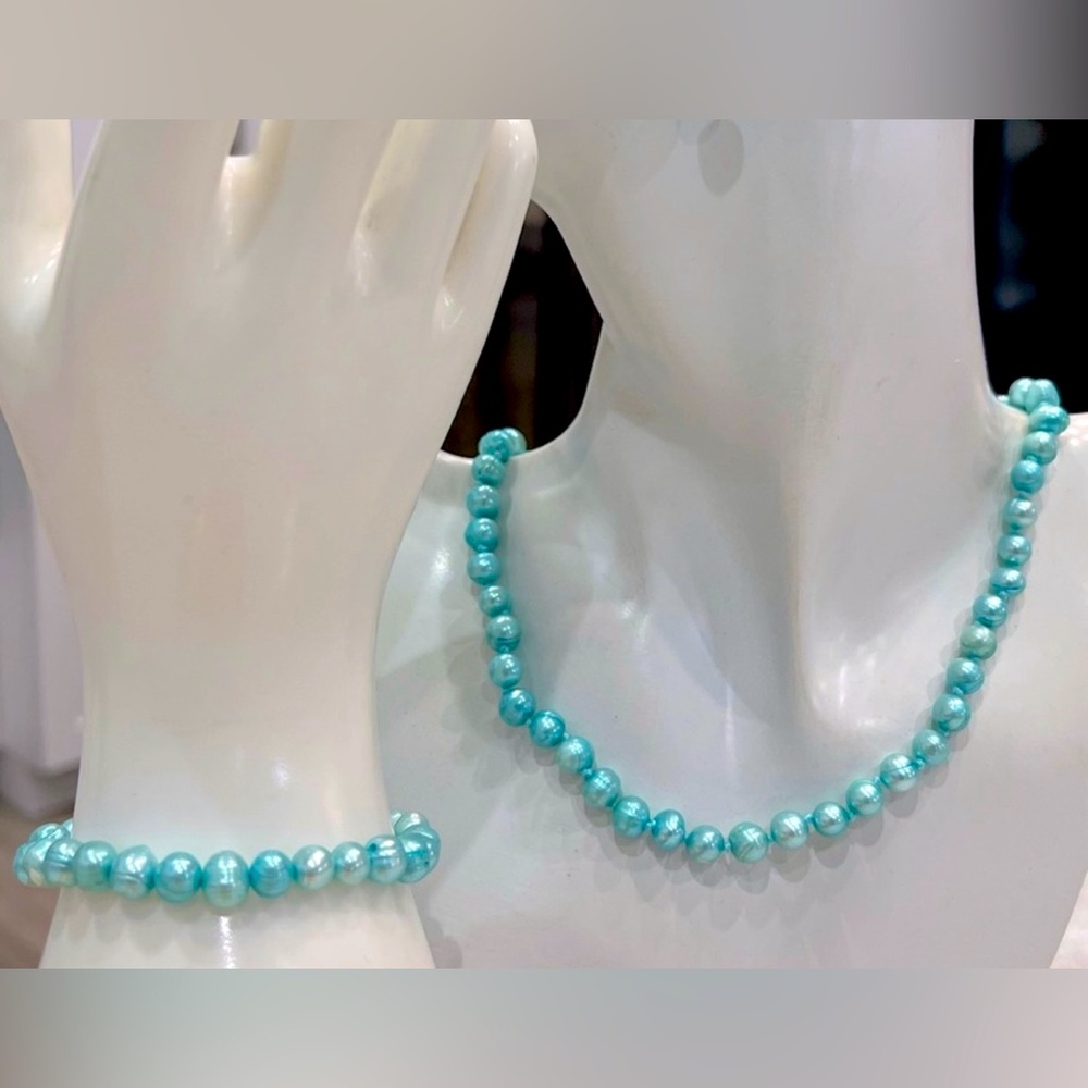 Freshwater Aqua Blue Cultured Pearl Bracelet and Necklace Set
